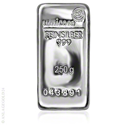 250 Gramm Silberbarren -  250 Gramm Silberbarren 999, verschiedene Hersteller m�glich.wir liefern ausschlie�lich Qualit�tsbarren von Heraeus oder Umicore....